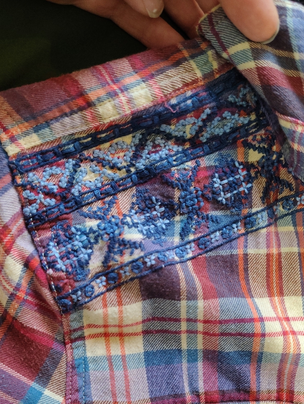 Chaps Cotton Embroidered Plaid Long-Sleeve Button-Up Shirt in Red and Blue - Picture 3 of 4